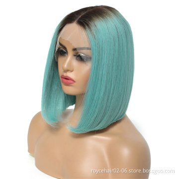 Cheap Ombre Bob Wigs For Women, T1b/blue Brazilian Human Hair Glueless Transparent Swiss T Shape Lace Wig